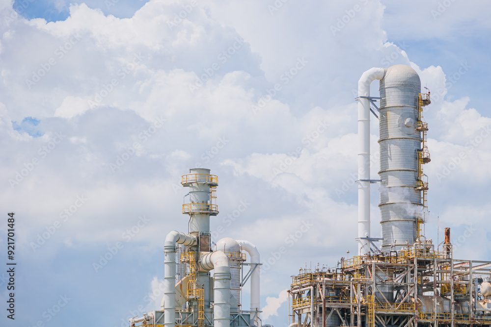Fototapeta premium Petrochemical Petroleum Refinery Oil and Gas plant industrial complex building with Atmospheric distillation tower landscape summer blue sky.