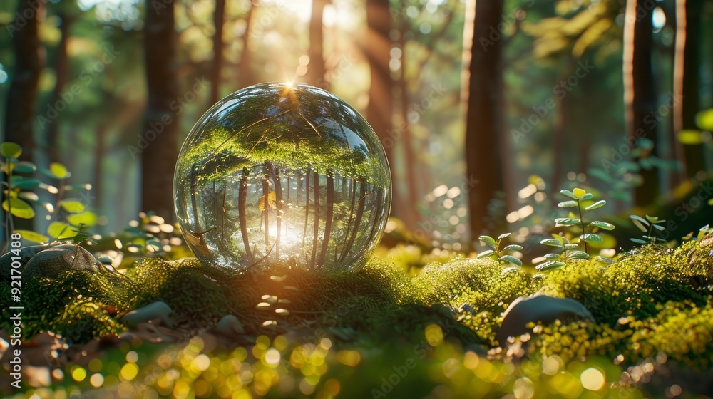 A globe in a glass orb on forest floor with sun rays filtering through trees, creating a magical and serene atmosphere. A globe in a glass orb on forest floor with sun rays filtering through trees, creating a magical and serene atmosphere.
