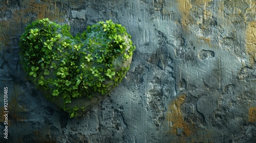 A heart-shaped green forest on a textured wall, creating a natural and artistic atmosphere.