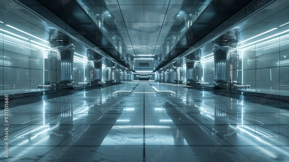 A futuristic indoor space with reflective surfaces and ambient lighting, creating a sleek and modern atmosphere. A futuristic indoor space with reflective surfaces and ambient lighting, creating a sleek and modern atmosphere.