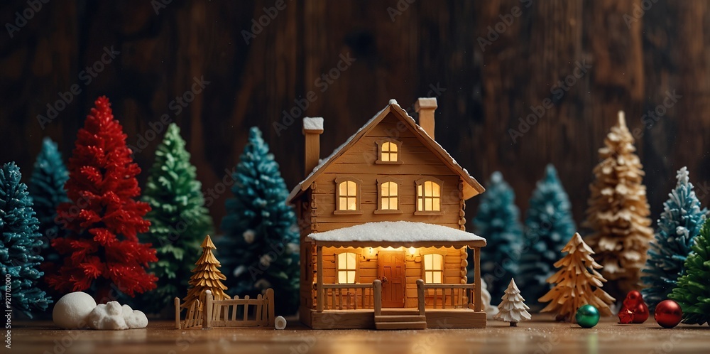 Festive background with toy wooden house christmas tree and decoration. Copy space, winter holidays greeting card, flat lay, top view Festive background with toy wooden house christmas tree and decoration. Copy space, winter holidays greeting card, flat lay, top view