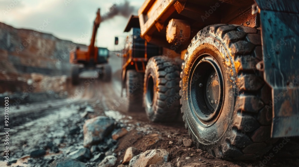 huge yellow mining truck on a dirt road with a trail of dust huge yellow mining truck on a dirt road with a trail of dust