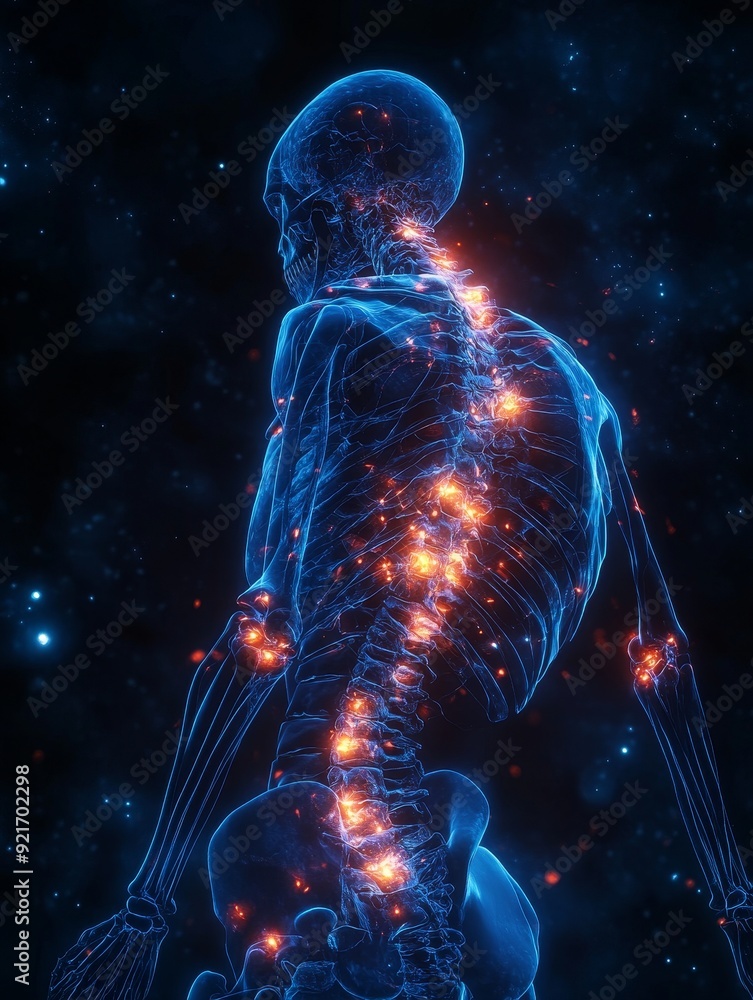 This medical illustration shows a human skeleton with glowing red pain points in the spine, symbolizing back pain, nerve damage, inflammation, and the need for treatment. This medical illustration shows a human skeleton with glowing red pain points in the spine, symbolizing back pain, nerve damage, inflammation, and the need for treatment.