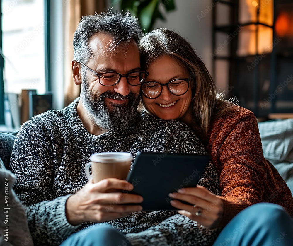 Smiling mature couple using digital tablet while sitting on sofa at home. Smiling mature couple using digital tablet while sitting on sofa at home.