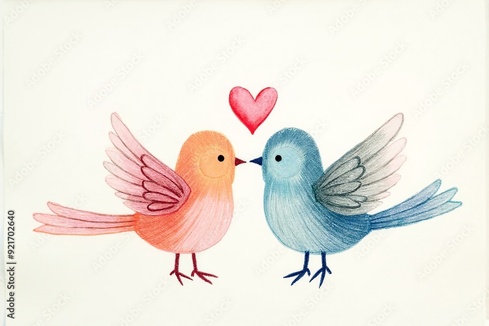 Fototapeta premium Cute lovebirds affectionately kissing under heart symbol against white background with copy space