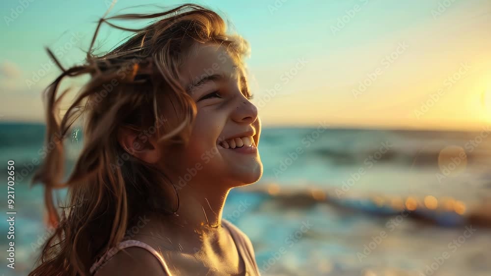 A young happy smiling girl smiling at the sun by the sea A young happy smiling girl smiling at the sun by the sea