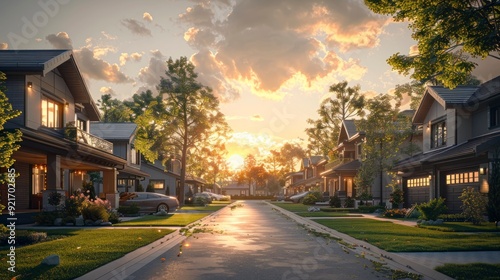 A suburban neighborhood with modern houses and well-kept lawns at sunset, creating a peaceful and community-oriented atmosphere.