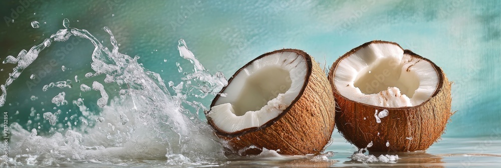 Two halves of a coconut, cracked open, with a wave of water splashing around them. This image evokes the refreshing and tropical flavors of summer. Two halves of a coconut, cracked open, with a wave of water splashing around them. This image evokes the refreshing and tropical flavors of summer.