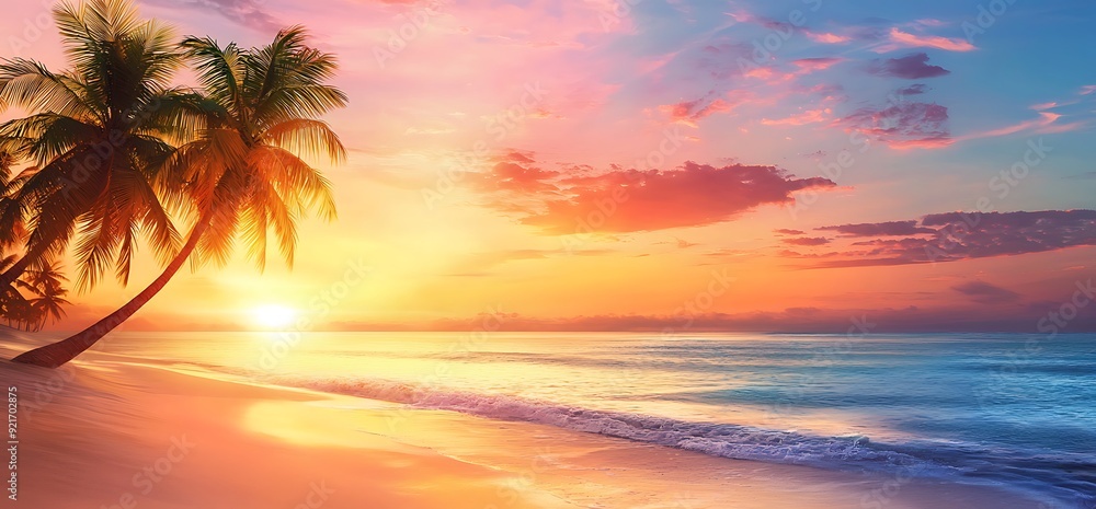 Idyllic tropical beach at sunset with palm trees, golden sand, and turquoise waves. Idyllic tropical beach at sunset with palm trees, golden sand, and turquoise waves.