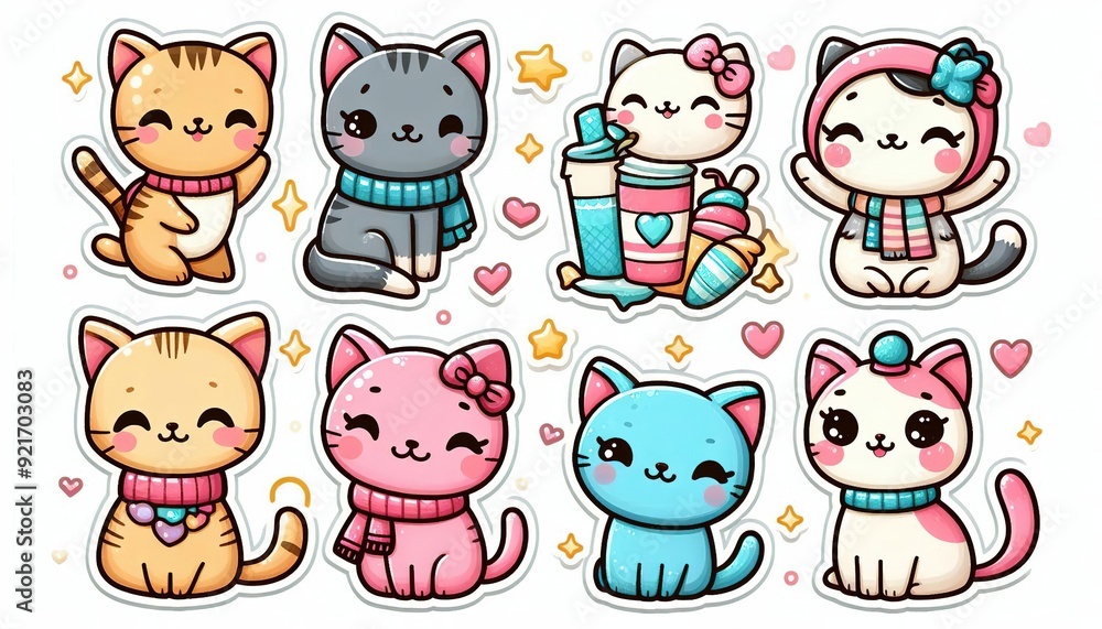 Cute cartoon cat stickers with winter accessories. Cute cartoon cat stickers with winter accessories.