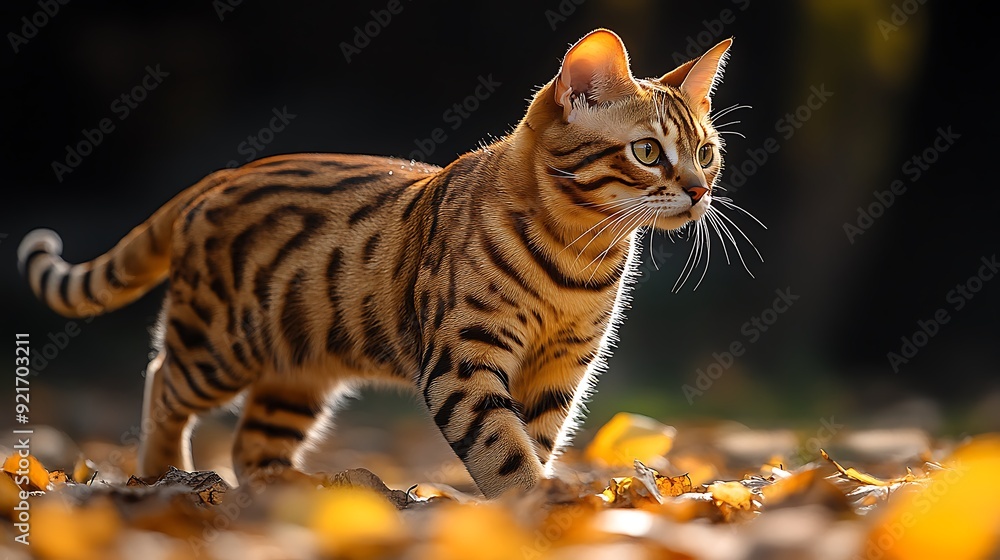 Naklejka premium A Bengal cat walks on a bed of fallen leaves in the autumn.