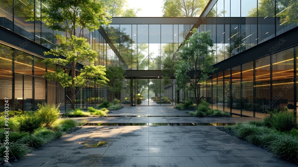 A modern office building with glass walls and green surroundings in an urban setting, creating a professional and welcoming atmosphere. A modern office building with glass walls and green surroundings in an urban setting, creating a professional and welcoming atmosphere.