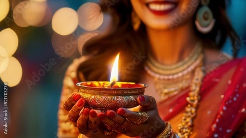 Happy Diwali festival of lights, Indian woman smiling while holding light