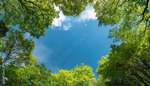 Looking up at the green tops of trees with blue sky in background