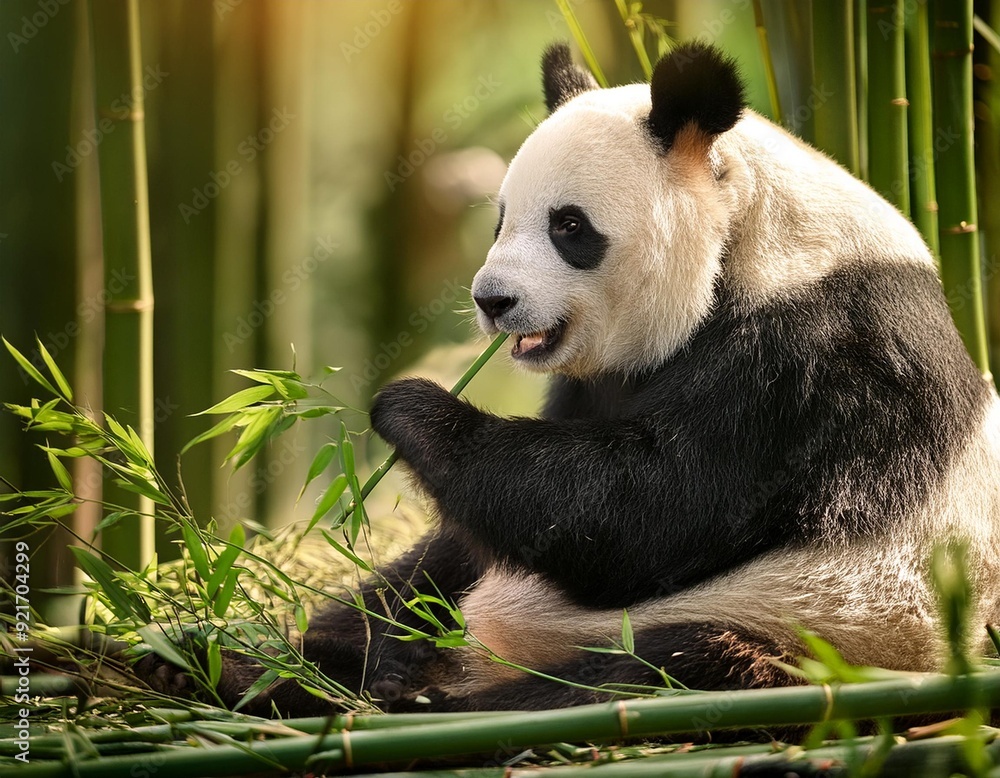 Panda Bear sitting and eating bamboo, in bamboo forest Panda Bear sitting and eating bamboo, in bamboo forest