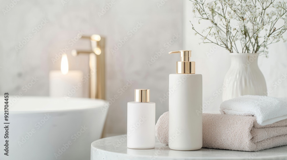 Stylish bathroom scene featuring elegant soap dispensers, soft towels, and minimalist decor for a tranquil ambiance. Stylish bathroom scene featuring elegant soap dispensers, soft towels, and minimalist decor for a tranquil ambiance.