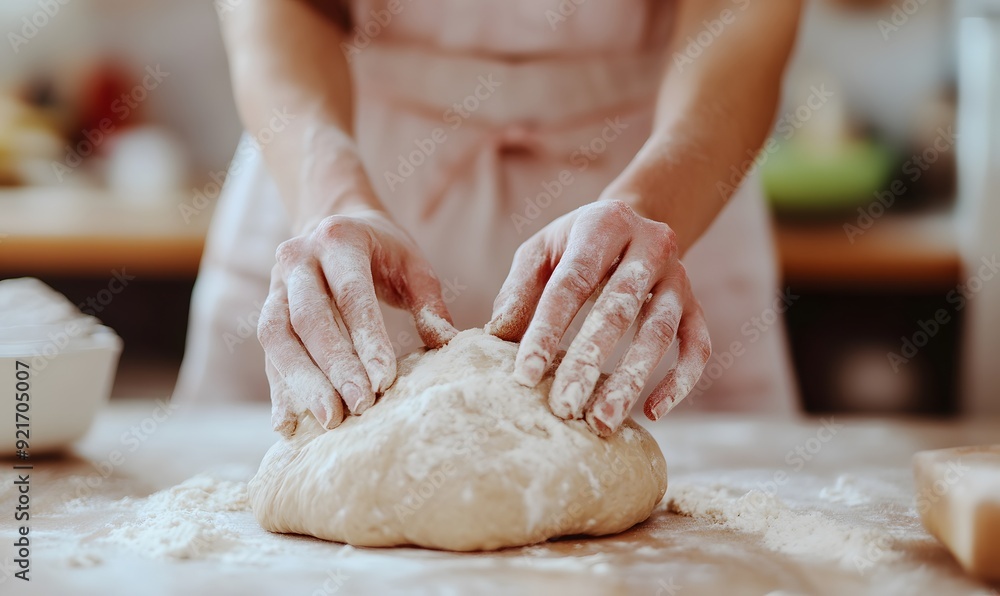 hands kneading bread dough with flour and water in a kitchen, Generative AI hands kneading bread dough with flour and water in a kitchen, Generative AI