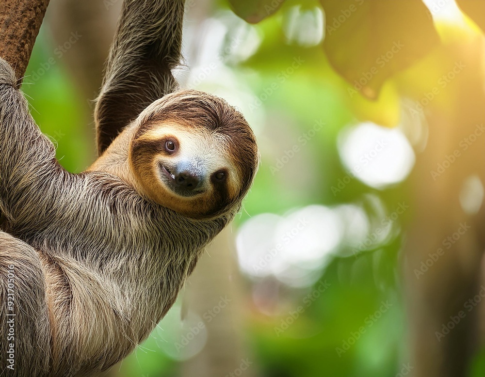 Fototapeta premium three toed sloth hanging from tree