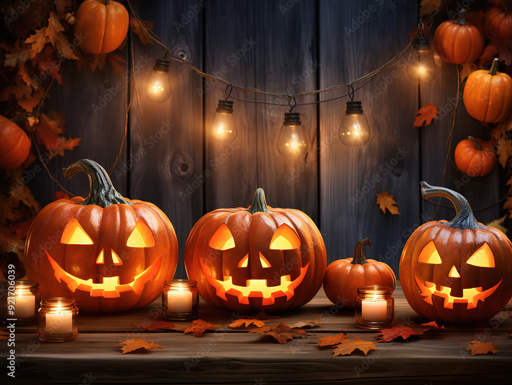 Fototapeta premium Eyecatching Halloween pumpkins and candles front view