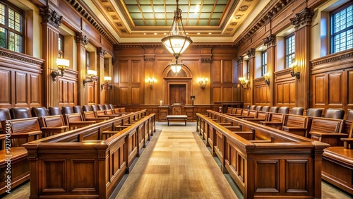 A solemn courthouse hallway with rows of wooden benches and a judge's chamber awaits anxious litigants, lawyers, and judges in a serious legal dispute.