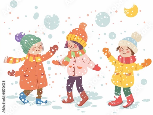 Happy children play snow watercolor illustration isolated on white. AI generated