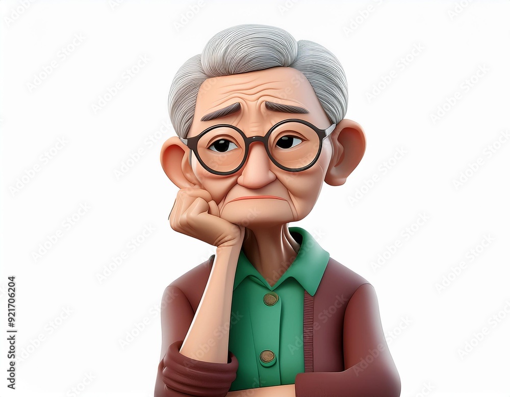 Thinking upset sad bored cartoon character elderly man portrait, 3d style design Thinking upset sad bored cartoon character elderly man portrait, 3d style design