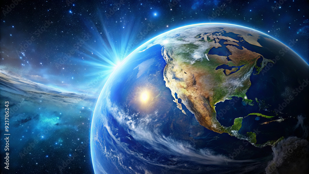 Obraz premium Earth is illuminated by sunlight, showcasing the western hemisphere against a backdrop of stars and cosmic clouds
