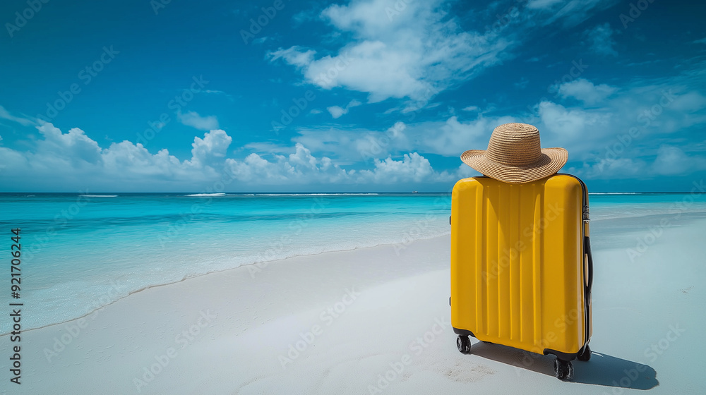 Fototapeta premium A beach scene with a yellow suitcase and a straw hat on it, with the beautiful ocean and sky in the background.