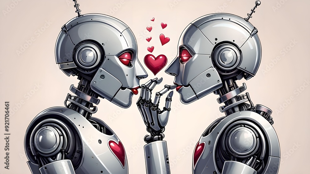 Romantic illustration of two kissing robots Romantic illustration of two kissing robots
