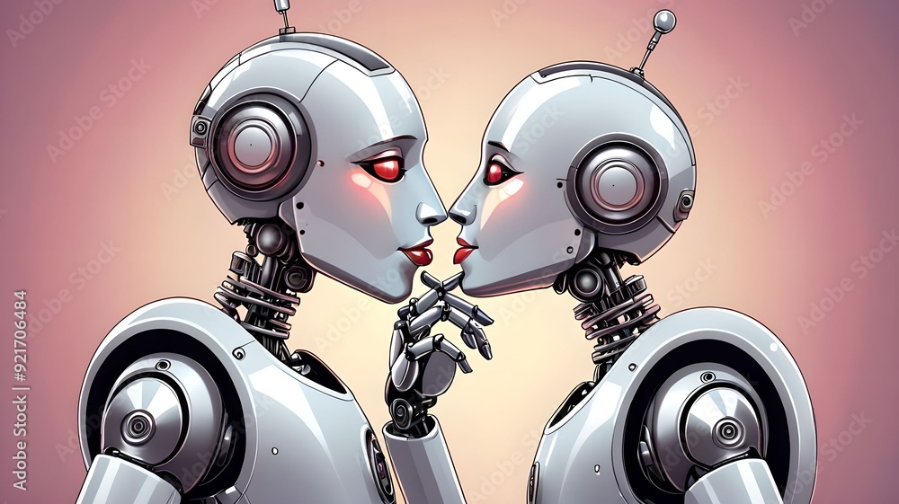 Romantic illustration of two kissing robots Romantic illustration of two kissing robots