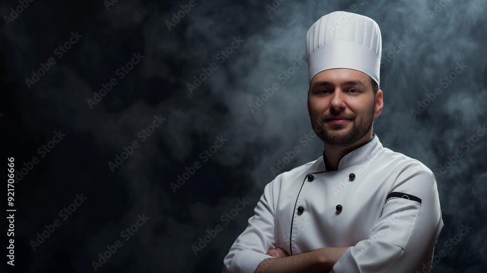 A professional Caucasian male chef dressed in a white uniform and hat stands confidently with arms crossed against a dark, dramatic backdrop, showcasing culinary expertise and authority. A professional Caucasian male chef dressed in a white uniform and hat stands confidently with arms crossed against a dark, dramatic backdrop, showcasing culinary expertise and authority.