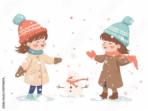 Happy children play snow watercolor illustration isolated on white. AI generated