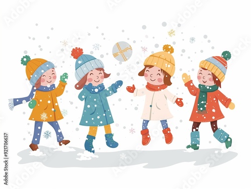 Happy children play snow watercolor illustration isolated on white. AI generated