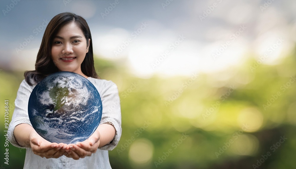Naklejka premium Woman hand holding earth, earth day, sustainable living concept, save planet environmental 