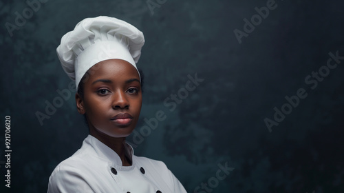 A professional blakc female chef stands confidently in her white uniform and hat with arms crossed against a dark green background. photo