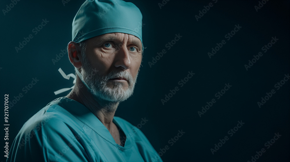 A seasoned Caucasian male surgeon in green scrubs and surgical cap, ready to perform life-saving procedures in the operating room. A seasoned Caucasian male surgeon in green scrubs and surgical cap, ready to perform life-saving procedures in the operating room.