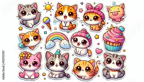 Collection of cute cartoon cat stickers with various expressions and accessories.