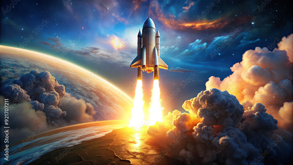 A rocket ascends powerfully into the sky, leaving trails of fire and smoke as it ventures into the cosmos against a vibrant backdrop A rocket ascends powerfully into the sky, leaving trails of fire and smoke as it ventures into the cosmos against a vibrant backdrop