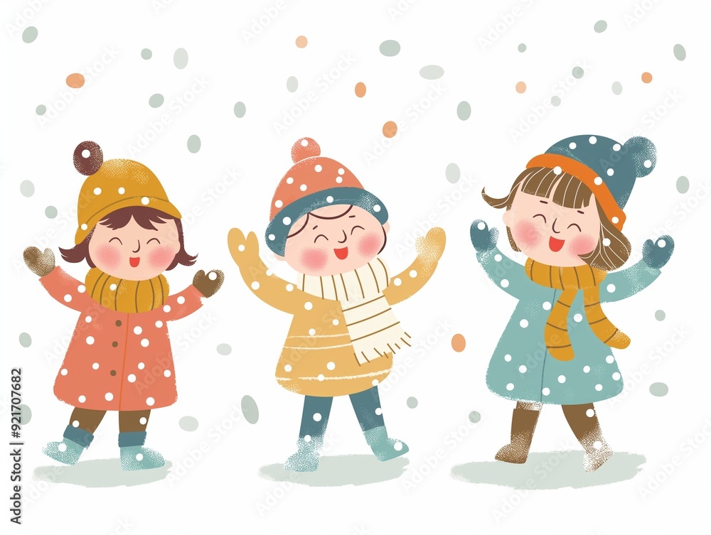 Happy children play snow watercolor illustration isolated on white. AI generated Happy children play snow watercolor illustration isolated on white. AI generated