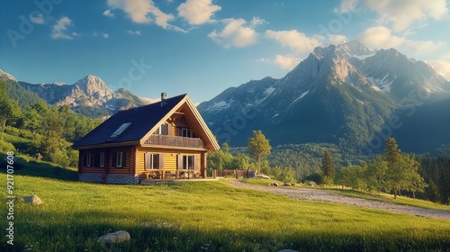 Beautiful house with high mountain background during the day,