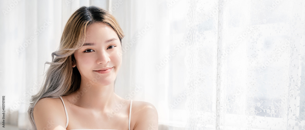 Closeup portrait beauty asian woman with fair perfect healthy glow skin hand touching cheek chin copy space, young beautiful asia gir,l pretty smile face Beauty korean asian women spa skincare banner Closeup portrait beauty asian woman with fair perfect healthy glow skin hand touching cheek chin copy space, young beautiful asia gir,l pretty smile face Beauty korean asian women spa skincare banner