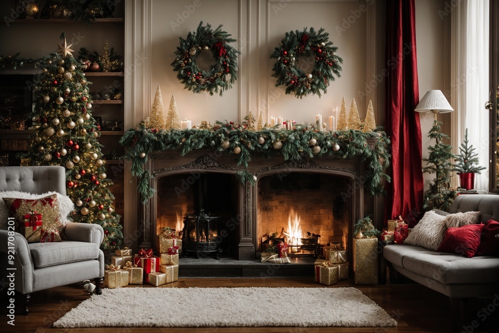 Fireplace decorated with christmas decorations and christmas tree in living room Fireplace decorated with christmas decorations and christmas tree in living room