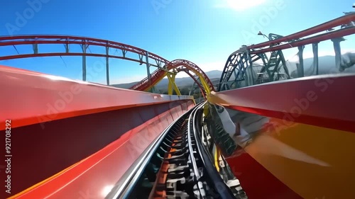 Pov shot of twisting red, yellow roller coaster. First person point view riding rollercoaster amusement luna park. Fun adventure. Fast speed extreme ride. Adrenaline rush. Scary attraction for adult. photo