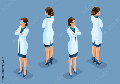 Trending Isometric Doctors. 3D Female surgeon, Medical worker, hand and foot gestures, front view and back view. Vector Illustration Set 1
