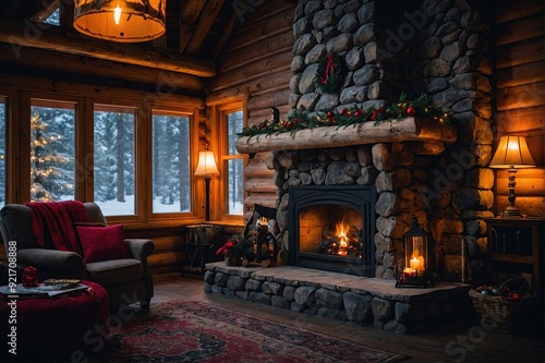 Fireplace with christmas decorations in a cozy warm forest wooden log house cabin