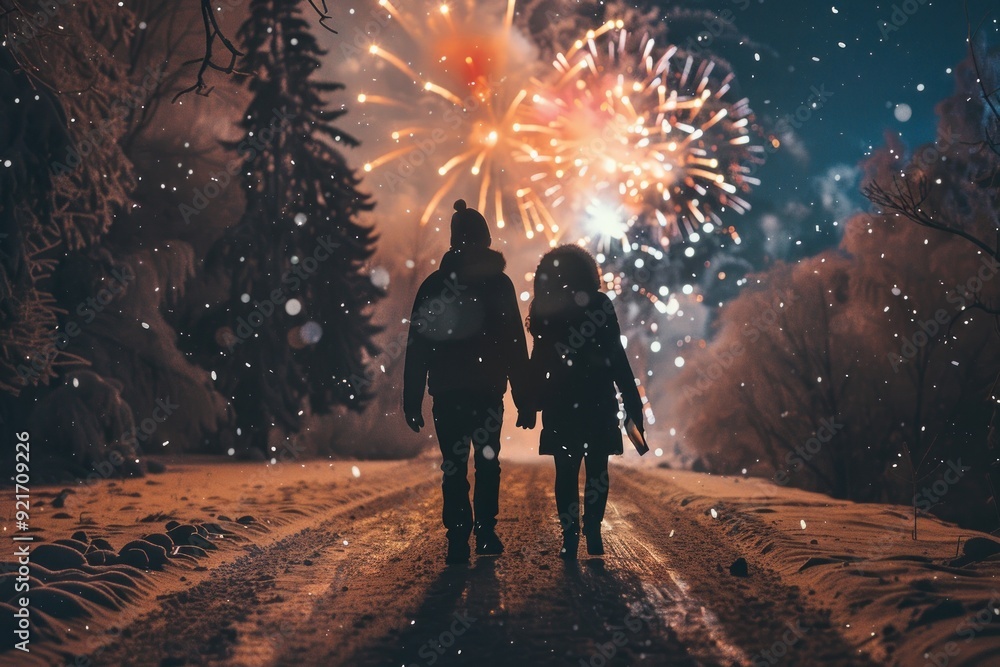 Silhouettes of Couple Walking on Snowy Path with Fireworks in the Background Silhouettes of Couple Walking on Snowy Path with Fireworks in the Background
