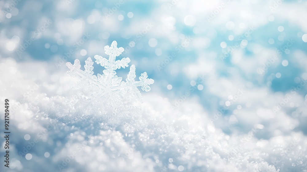 Snowflake resting on soft snow under a bright winter sky. Snowflake resting on soft snow under a bright winter sky.