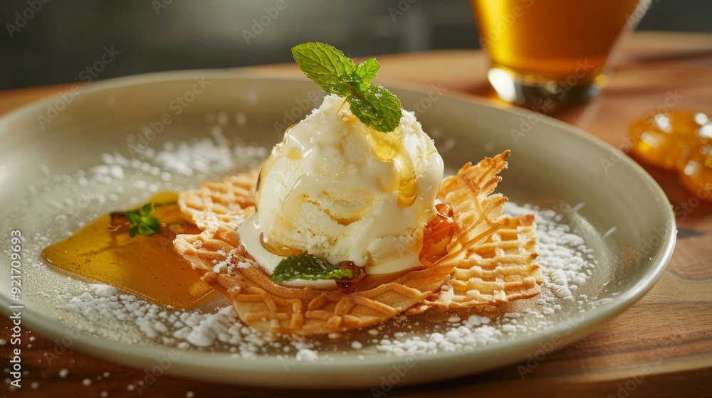 Crisps with Yogurt Ice Cream and Honey: Thin, crispy wafers served with tangy yogurt ice cream and drizzled with honey, a refreshing and light dessert Crisps with Yogurt Ice Cream and Honey: Thin, crispy wafers served with tangy yogurt ice cream and drizzled with honey, a refreshing and light dessert