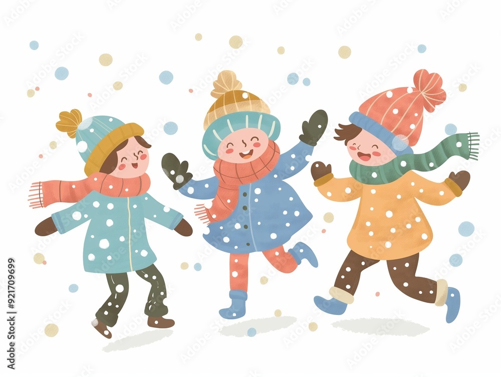 Happy children play snow watercolor illustration isolated on white. AI generated Happy children play snow watercolor illustration isolated on white. AI generated