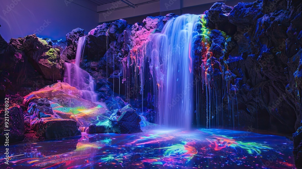 Fototapeta premium Transforming Waterfall of Neon Particles with Product Display Platform